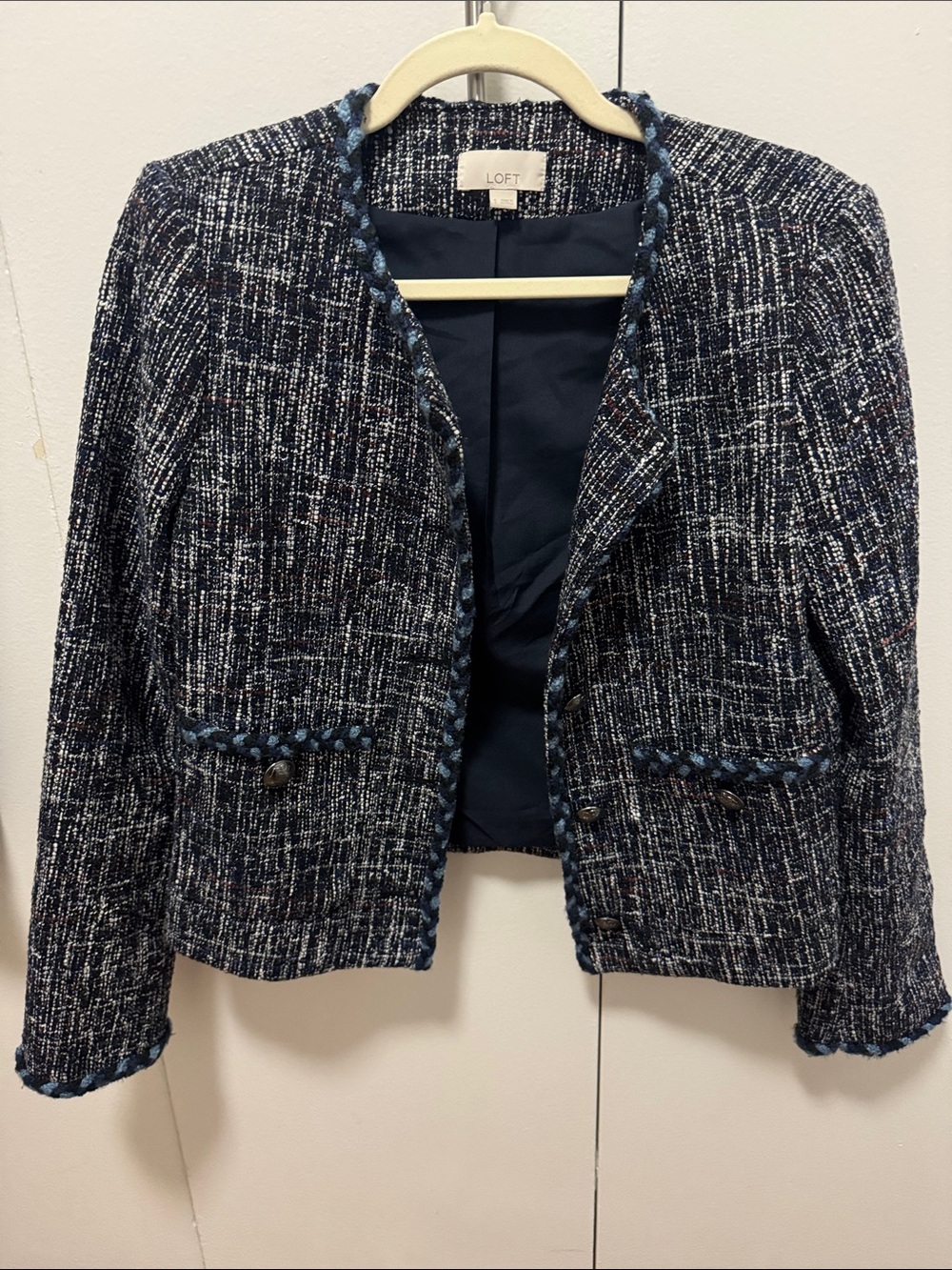 LOFT Navy & White Tweed Braided-Trim Jacket